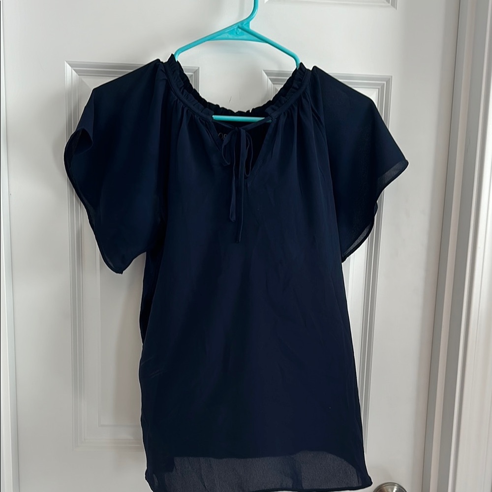 LOFT Navy Blue Color Relaxed Tie Front Short Sleeve Blouse